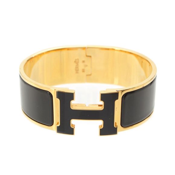 Hermes Clic Clac GM H Motif Bracelet Bangle Accessories Black And Gold - Picture 1 of 10